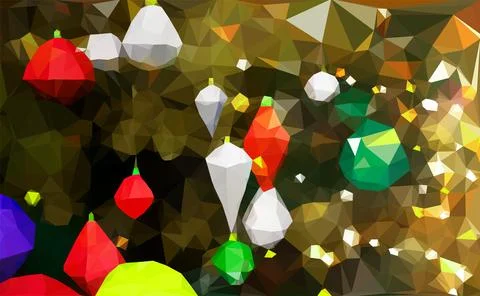 Christmas tree decorated with colotful low poly toys, balls on a blurred, s.. Stock Illustration