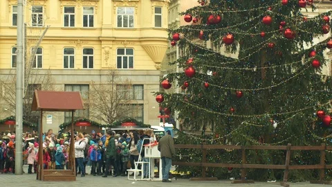 Christmas tree decorated flasks red, children kindergarten wooden bell tower Stock Footage 100128686