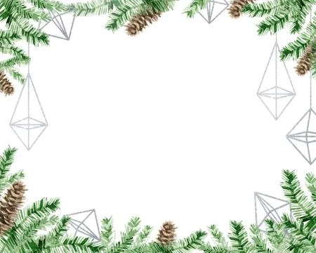 Christmas tree decorated frame with empty space. Painted fir branches with Illustrazione stock