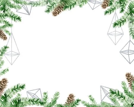 Christmas tree decorated frame with empty space. Painted fir branches with Stock Illustration