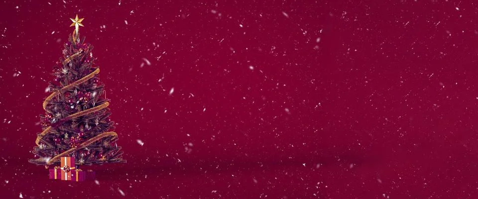 Christmas tree decorated with gift boxes on a burgundy background with snow.. Stock Illustration