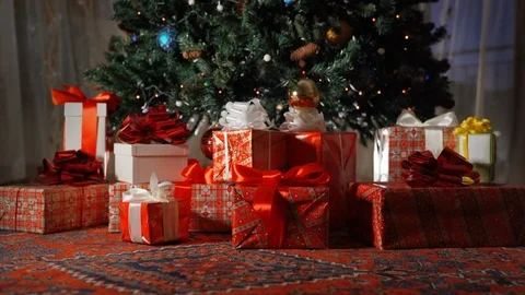 The Christmas tree decorated with lights and gifts boxes, Concept of New Year 스톡 동영상 100975258