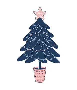 Christmas tree decorated with lights , star in pot isolated. Stock Illustration