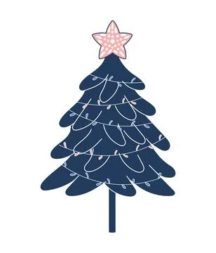 Christmas tree decorated with lights, star isolated. Stock Illustration