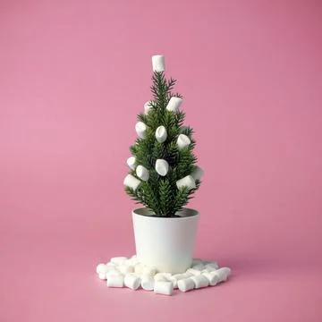 Christmas tree decorated with marshmallows instead of toys on a pink background Stock Photos
