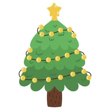 Christmas tree. Decorated pine and fir with light garland, balls and ribbons Stock Illustration