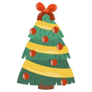 Christmas tree. Decorated pine and fir with light garland, balls and ribbons Stock Illustration