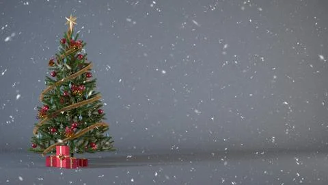 Christmas tree decorated with present boxes on a gray background with snow an Illustrazione stock