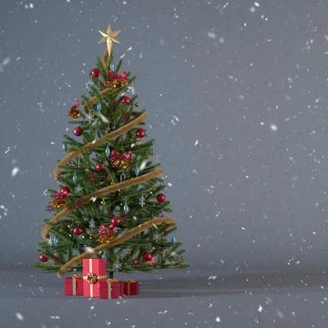 Christmas tree decorated with present boxes on a gray square background with  Illustrazione stock