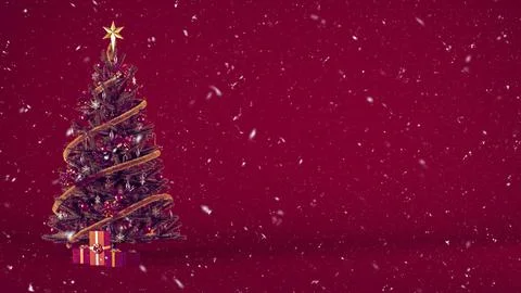 Christmas tree decorated with present boxes on a burgundy background with sno Illustrazione stock