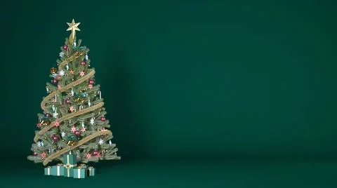 Christmas tree decorated with red and gold ornaments and presents on red ba.. Stock Illustration