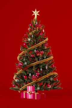 Christmas tree decorated with red and gold ornaments and presents on dark red Stock Illustration
