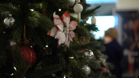 Christmas tree decorated with silver and red balloons Stock Footage 127766747