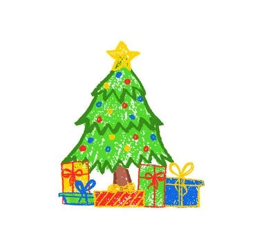 Christmas tree decorated with a star on top and gifts. Hand-drawn like children Stock Illustration