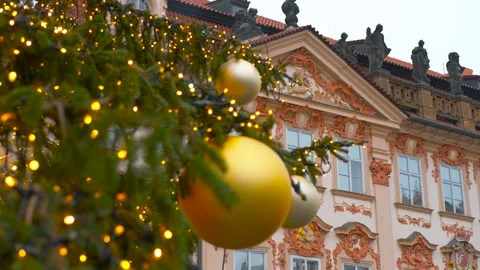 Christmas tree decorating prague's old town square Stock Footage 344319067