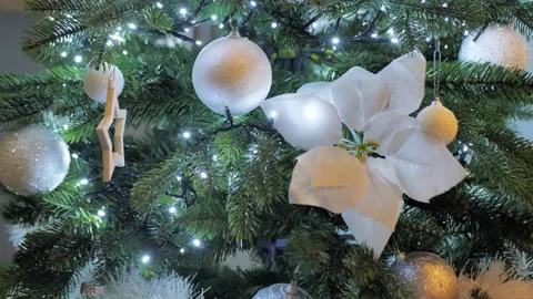 Christmas tree decoration with falling snow, smooth motion camera with parallax Stock Footage 201623137