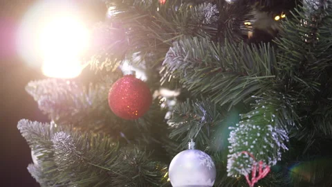Christmas Tree Decoration With Light In Background. Close Up. Lens Flare. Stock Footage 219381240