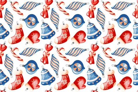 Christmas tree decoration seamless pattern in cartoon style. New Year Stock Illustration