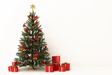 Christmas tree with decorations and gift boxes. 3d rendering Stock Illustration