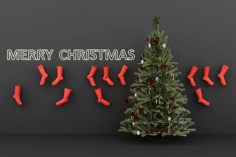 Christmas tree with decorations and gift boxes. 3d rendering Stock Illustration