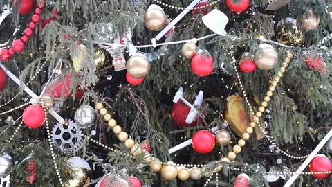 Christmas tree with decorations and snowfall closeup for background Stock Footage 100366454