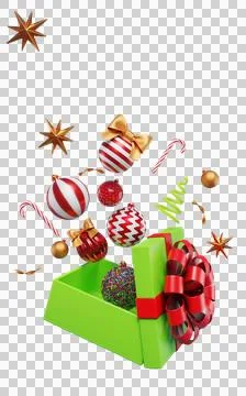 Christmas tree decorations balls candy canes fly out of an open gift box. Stock-Illustration