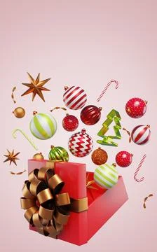 Christmas tree decorations balls candy canes fly out of an open gift box 스톡 일러스트