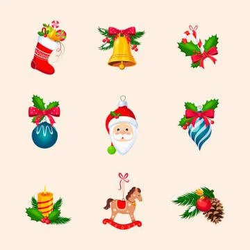 Christmas Tree Decorations. Bright Vector Icon Set Stock Illustration