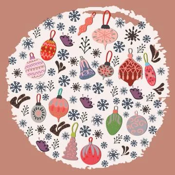 Christmas tree decorations in circle shape on white texture background Stock Illustration