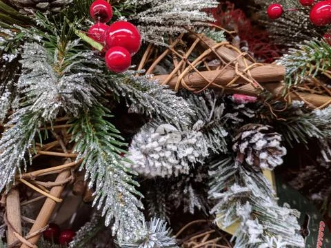 Christmas tree decorations. close-up texture. Cinnamon and mountain ash in th Stock Photos