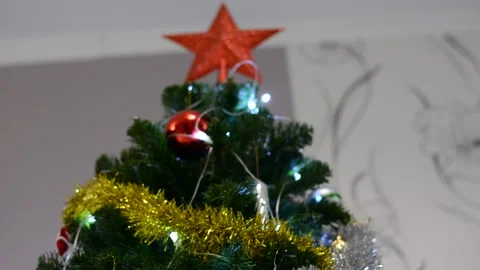 Christmas tree decorations close-up with variable focus under low lighting.  Chr Stock Footage 145659817