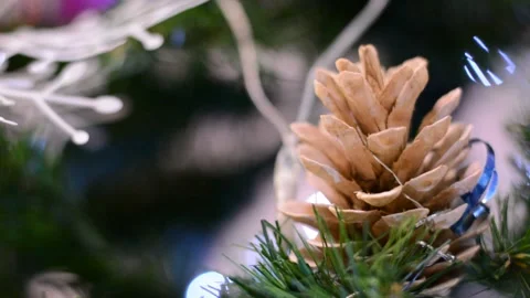 Christmas tree decorations close-up with variable focus under low lighting.  Chr Stock Footage 145659837