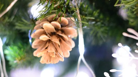 Christmas tree decorations close-up with variable focus under low lighting.  Chr Stock Footage 145659875