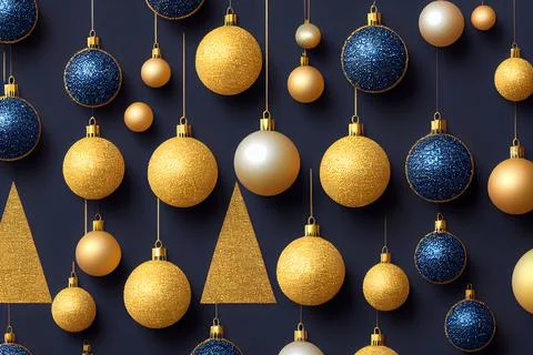 Christmas tree decorations on a dark blue background, can be used for gift wrapp Stock Photos