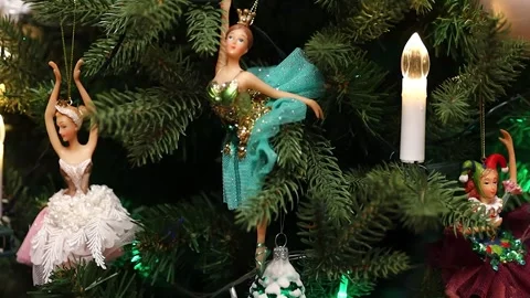 Christmas tree with decorations, figures of ballerinas Stock Footage 259028134