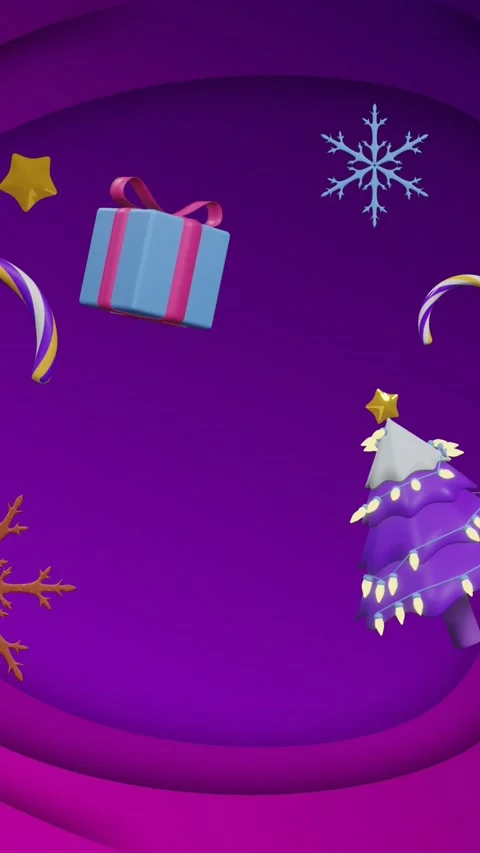 Christmas tree, decorations, gift and candy canes floating over purple Stock Footage 323783127