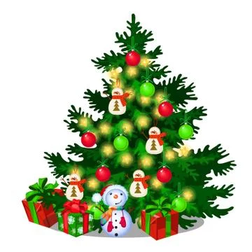 Christmas tree with decorations, gift boxes, baubles, snowman isolated on white Stock Illustration