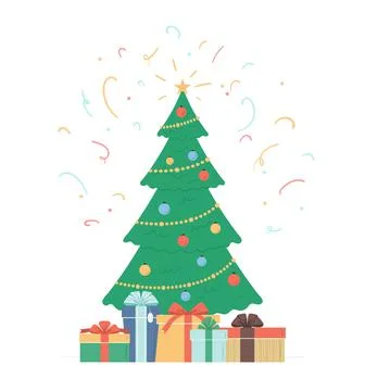 Christmas tree with decorations, gift boxes under holiday tree and confetti i Stock Illustration
