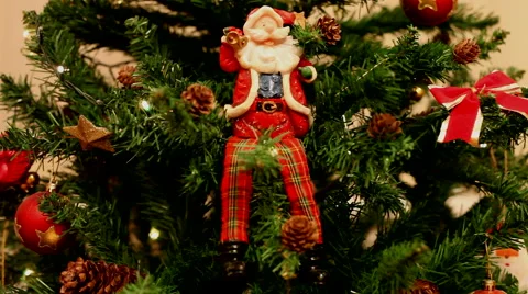 Christmas tree, decorations, lights, Santa Clause toy, Xmas, background Stock Footage 41381234