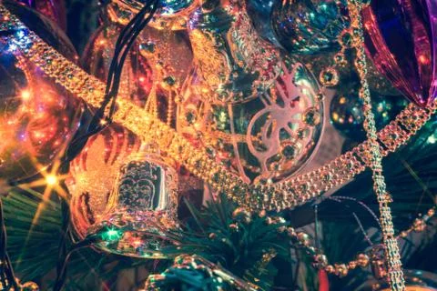 Christmas Tree Decorations Macro Filtered Foto stock
