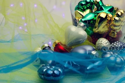 Christmas tree decorations from plastic box. Colorful multicolor decorations Stock Photos