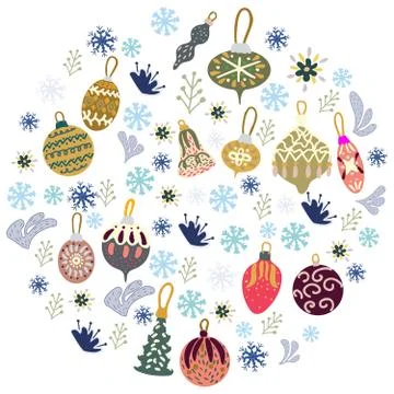 Christmas tree decorations in round shape on white background Stock Illustration