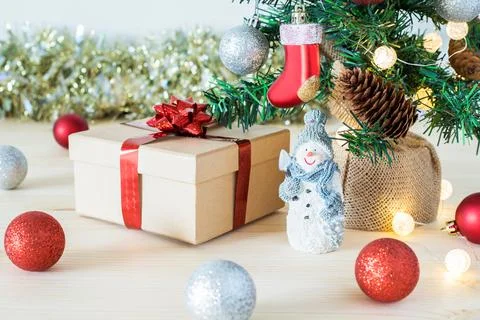 Christmas tree decorations on table with copy space for text. Christmas and N Stock Photos