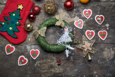 Christmas tree decorations on table Stock Photos