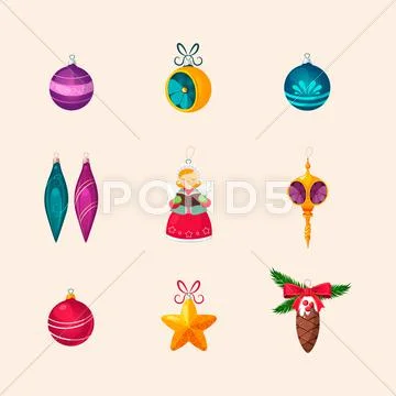 Christmas Tree Decorations. Vector Icon Set Stock Illustration