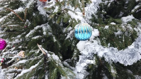 Christmas tree with decorations in winter forest Stock Footage 145977149