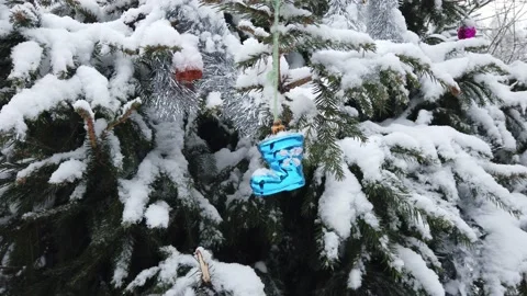 Christmas tree with decorations in winter forest. Video stock 146079703
