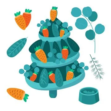 Christmas tree with decorative elements, carrots and eucalyptus leaves. Stylized Stock Illustration