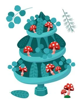 Christmas tree with decorative elements, fly agaric and eucalyptus leaves. Styli Illustrazione stock