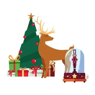 Christmas tree deer nutcracker and gifts decoration Stock Illustration